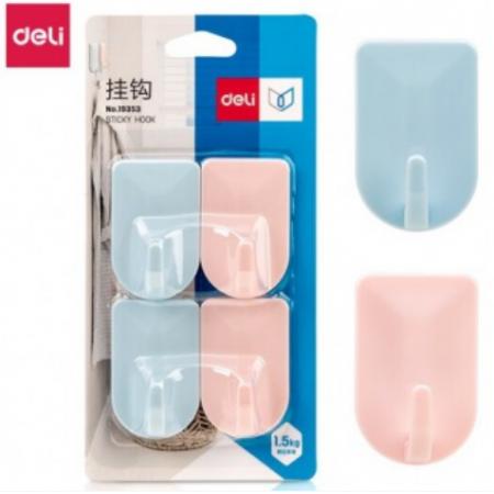 得力（deli）挂钩强力粘胶贴墙壁壁挂承重厨房挂勾无痕粘贴门后免打孔粘钩 1.5kg承受重量 彩色4只 19353