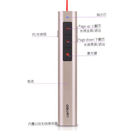 得力(deli)可充电音量调节教鞭  PPT幻灯片遥控器 电子笔演讲笔激光演示笔翻页笔 无线演示器 红光 玫金2809R