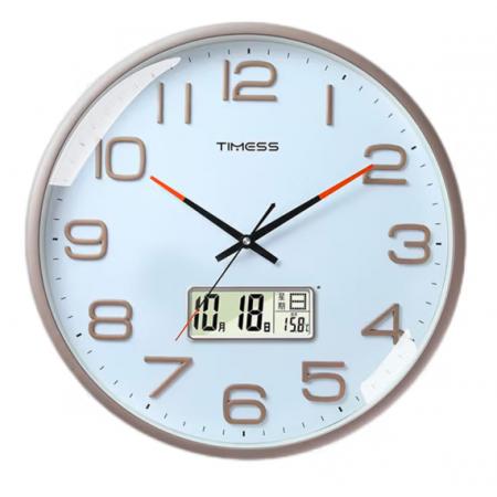 Timess 挂钟客厅钟表家用时钟挂墙智能感光万年历温度显示现代简约16英寸挂表石英钟 P74B-1卡塔尔金【智能光感科技】 直径40厘米