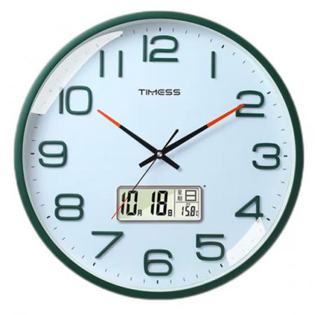 Timess 挂钟客厅钟表家用时钟挂墙智能感光万年历温度显示现代简约16英寸挂表石英钟 P74B-2蒂芙伲绿【智能光感科技】 直径40厘米
