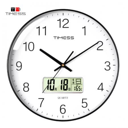 Timess 挂钟 客厅万年历钟表北欧简约石英钟表挂墙卧室时钟薄边家用日历挂表 P66-1 钢琴黑35厘米