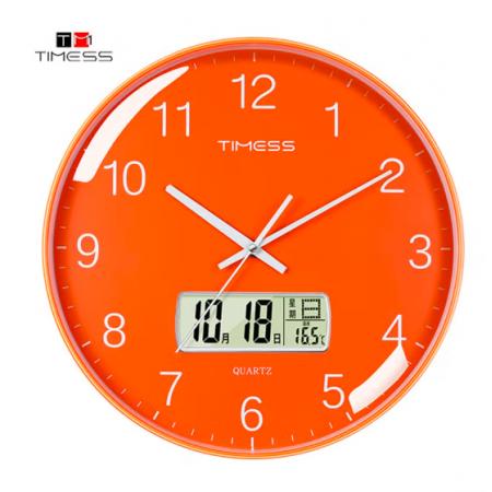 Timess 挂钟 客厅万年历钟表北欧简约石英钟表挂墙卧室时钟薄边家用日历挂表 P66-5 华丽橙35厘米