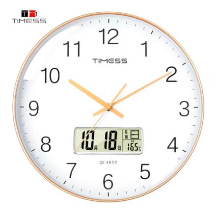 Timess 挂钟 客厅万年历钟表北欧简约石英钟表挂墙卧室时钟薄边家用日历挂表 P65-2 香槟金30厘米