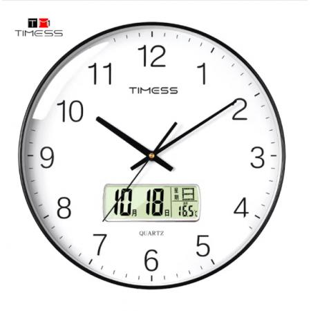 Timess 挂钟 客厅万年历钟表北欧简约石英钟表挂墙卧室时钟薄边家用日历挂表 P65-1 钢琴黑30厘米