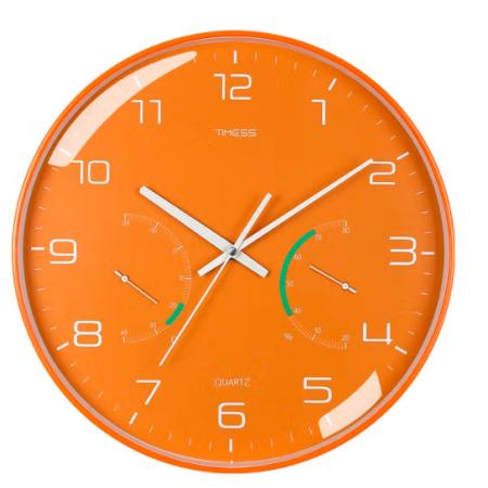 Timess 挂钟 时尚简约钟表客厅时钟温湿度轻奢创意薄边卧室石英钟免打孔挂表挂墙 QF2102-4【暖阳深秋】+温湿度12英寸