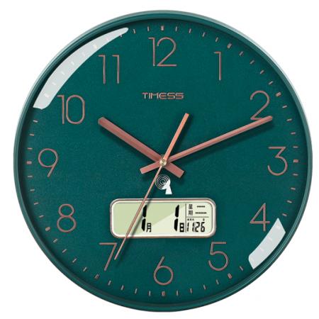 Timess 挂钟 电波钟客厅万年历钟表时尚简约北欧双日历温度时钟自动对时智能钟表挂墙表 轻奢绿35CM电波款