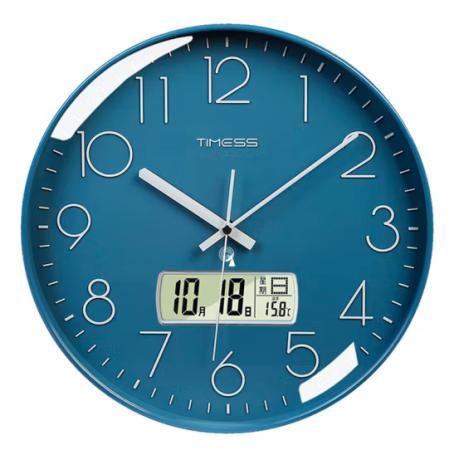 Timess 挂钟 电波钟客厅万年历钟表时尚简约北欧双日历温度时钟自动对时智能钟表挂墙表 深空蓝30CM电波款