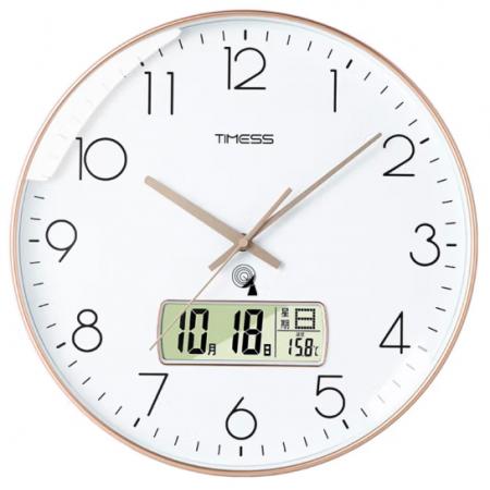 Timess 挂钟 电波钟客厅万年历钟表时尚简约北欧双日历温度时钟自动对时智能钟表挂墙表 华贵金30CM电波款