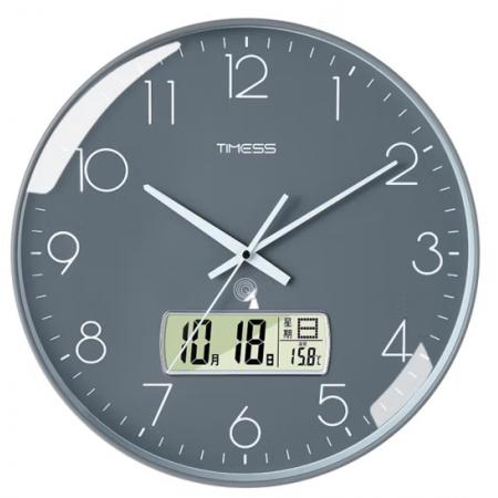 Timess 挂钟 电波钟客厅万年历钟表时尚简约北欧双日历温度时钟自动对时智能钟表挂墙表 深空灰30CM电波款