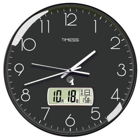 Timess 挂钟 电波钟客厅万年历钟表时尚简约北欧双日历温度时钟自动对时智能钟表挂墙表 经典黑30CM电波款