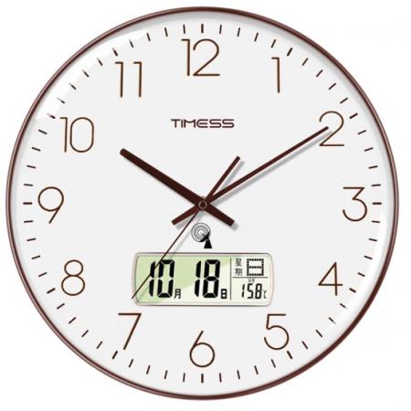 Timess 挂钟 电波钟客厅万年历钟表时尚简约北欧双日历温度时钟自动对时智能钟表挂墙表 咖啡色30CM电波款