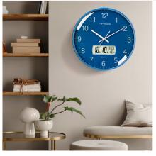 Timess 挂钟 客厅万年历钟表北欧简约石英钟表挂墙卧室时钟薄边家用日历挂表 P65-3 蔚蓝色30厘米