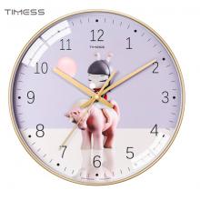 Timess 卡通儿童钟表客厅挂钟时尚简约时钟家用创意卧室石英钟现代大气挂表挂墙 QF2108-4 独角兽女孩 【12英寸