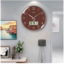 Timess 挂钟 电波钟客厅万年历钟表时尚简约北欧双日历温度时钟自动对时智能钟表挂墙表 轻奢咖30CM电波款