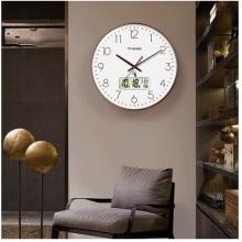 Timess 挂钟 电波钟客厅万年历钟表时尚简约北欧双日历温度时钟自动对时智能钟表挂墙表 咖啡色30CM电波款