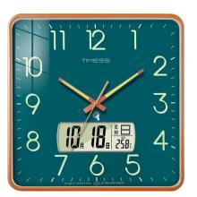Timess电波挂钟客厅钟表万年历时钟双日历石英钟温度挂表方形薄边自动对时表挂墙 P63-3金边绿(夜光电波钟直径38厘米)