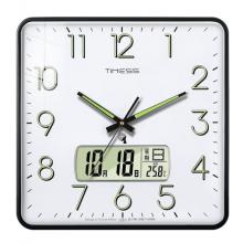 Timess电波挂钟客厅钟表万年历时钟双日历石英钟温度挂表方形薄边自动对时表挂墙 P63-1黑边白(夜光电波钟直径38厘米)