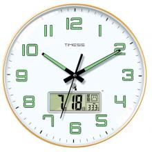 Timess 挂钟夜光电波钟客厅挂钟表卧室智能感光万年历时钟双日历温度挂表自动对时表挂墙 P47-3奢时金(智能夜光电波钟) 14英寸(直径35厘米)