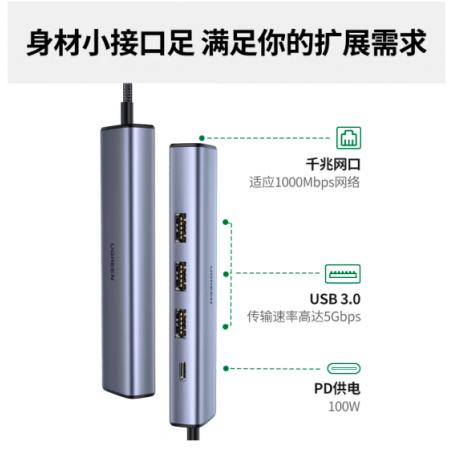 绿联 Type-C扩展坞拓展坞网线转接头带千兆网口转USB3.0分线器雷电3/4苹果MacBook笔记本M1/2芯片通用五合一