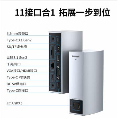 绿联（UGREEN）Type-C扩展坞USB-C转HDMI/VGA千兆网线转接头网口转换器适用苹果Mac笔记本分线器十一合一