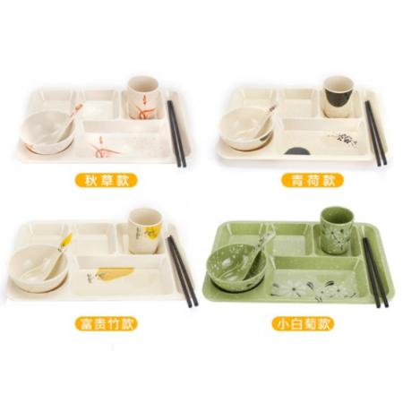 密胺四格多格分餐盘六格学校快餐盘长方形塑料餐具餐馆食堂盘套装 加厚五件套(白色)