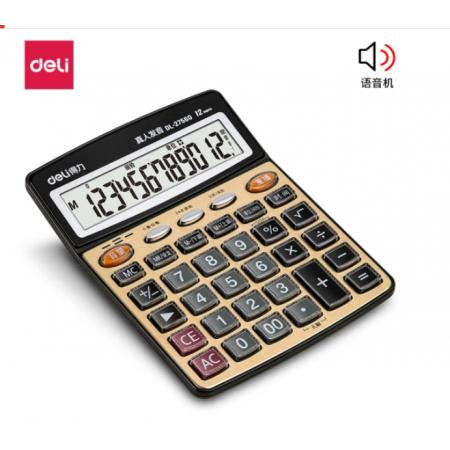 得力(deli)大屏金色面板语音计算器 学生/办公口算 12位显示真人语音计算机 办公文具用品 中号 27560