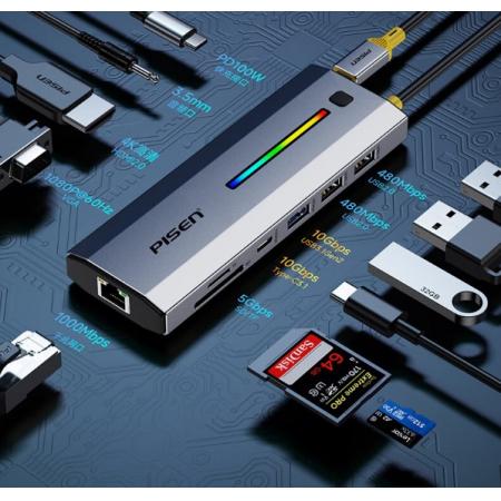 品胜 Type-C扩展坞 HDMI/VGA雷电3/4拓展坞千兆网口转接头 USB3.2分线器PD读卡器苹果电脑转换器15pro炫彩RGB