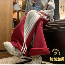 安踏 加绒加厚运动卫裤女秋冬季学生条纹休闲裤子小个子宽松直筒阔腿裤 红色加绒 M