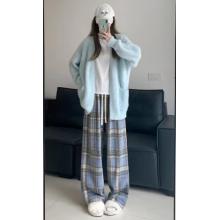 安踏 棉致加绒加厚毛呢格子裤子女秋季新款宽松阔腿高腰运动休闲卫裤 687蓝色【加绒高品质】 L 100-120斤