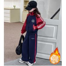 安踏 女大童加绒套装秋冬季款2024新款洋气女孩冬季加厚休闲运动两件套 藏青 160