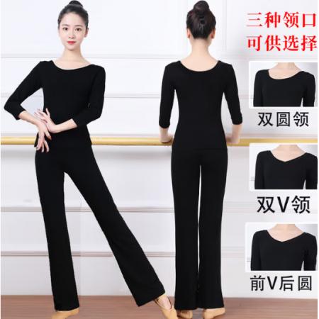 舞蹈练功服女套装形体裤学生艺考礼仪训练服上衣现代舞服 双圆领黑色七分袖+微喇长裤 S