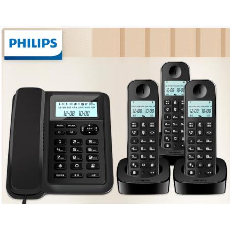 飞利浦（PHILIPS）数字无绳电话机 无线座机 子母机 办公家用 信号覆盖广 屏幕白色背光 DCTG167一拖三黑色